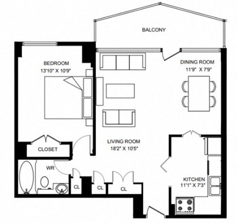 Floor plan for 1 bed, 1 bath, 683 sqft